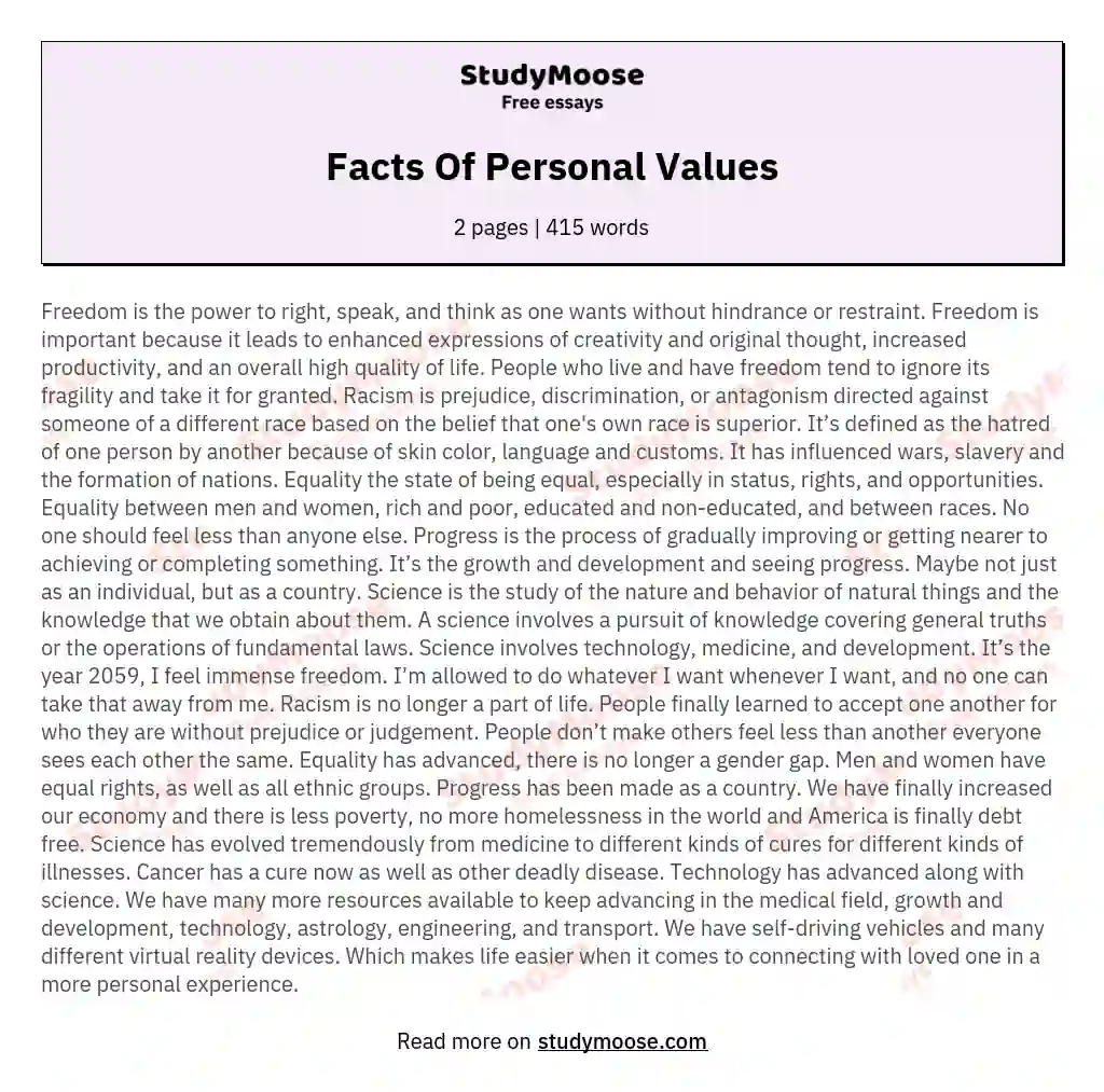 personal values essay 100 words