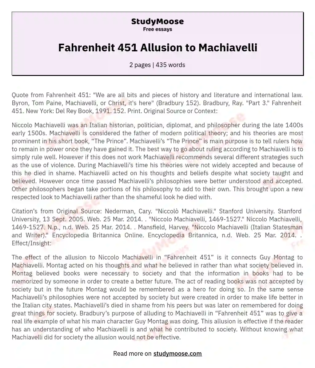 Fahrenheit 451 Allusion to Machiavelli