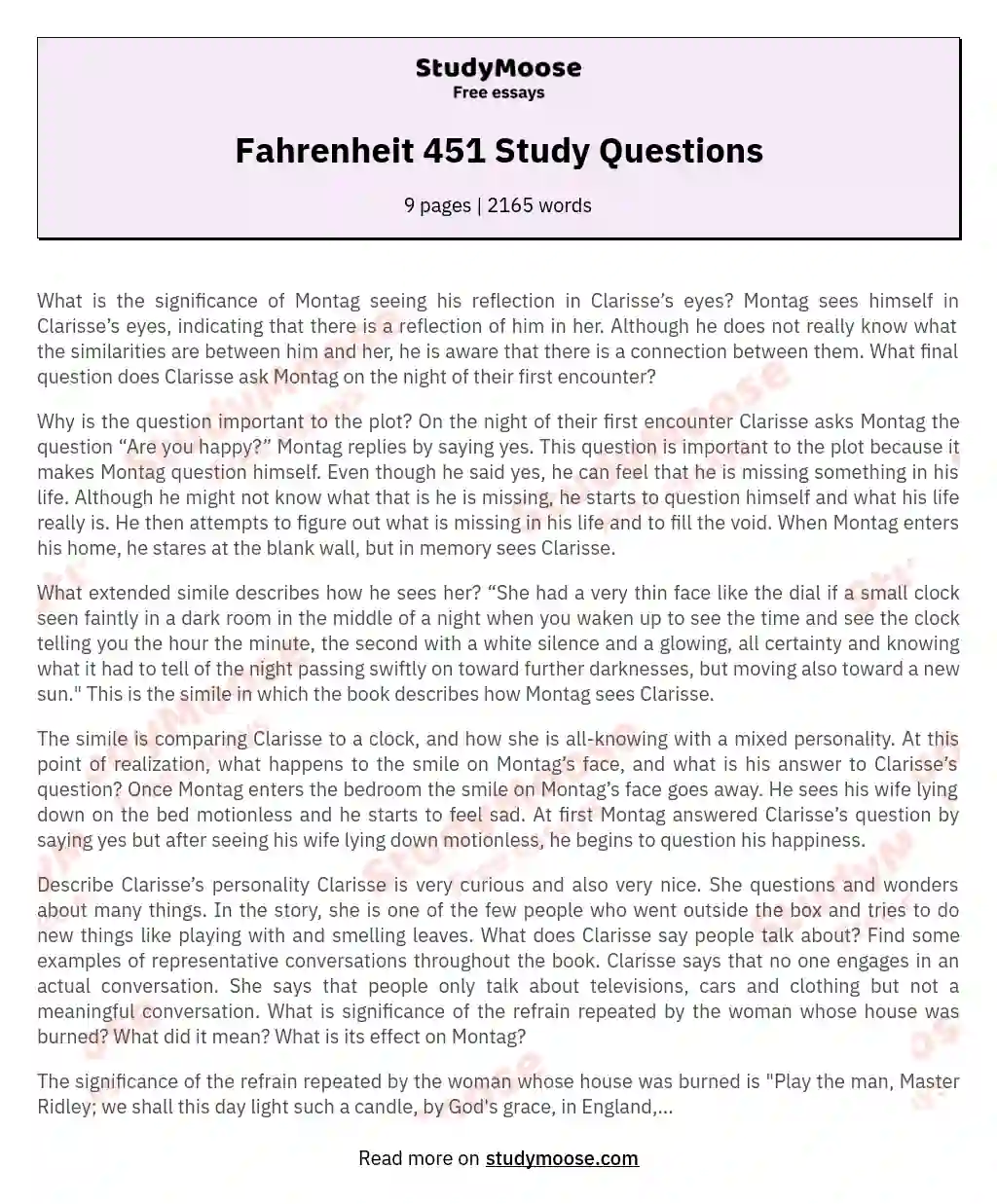 Fahrenheit 451 Study Questions essay