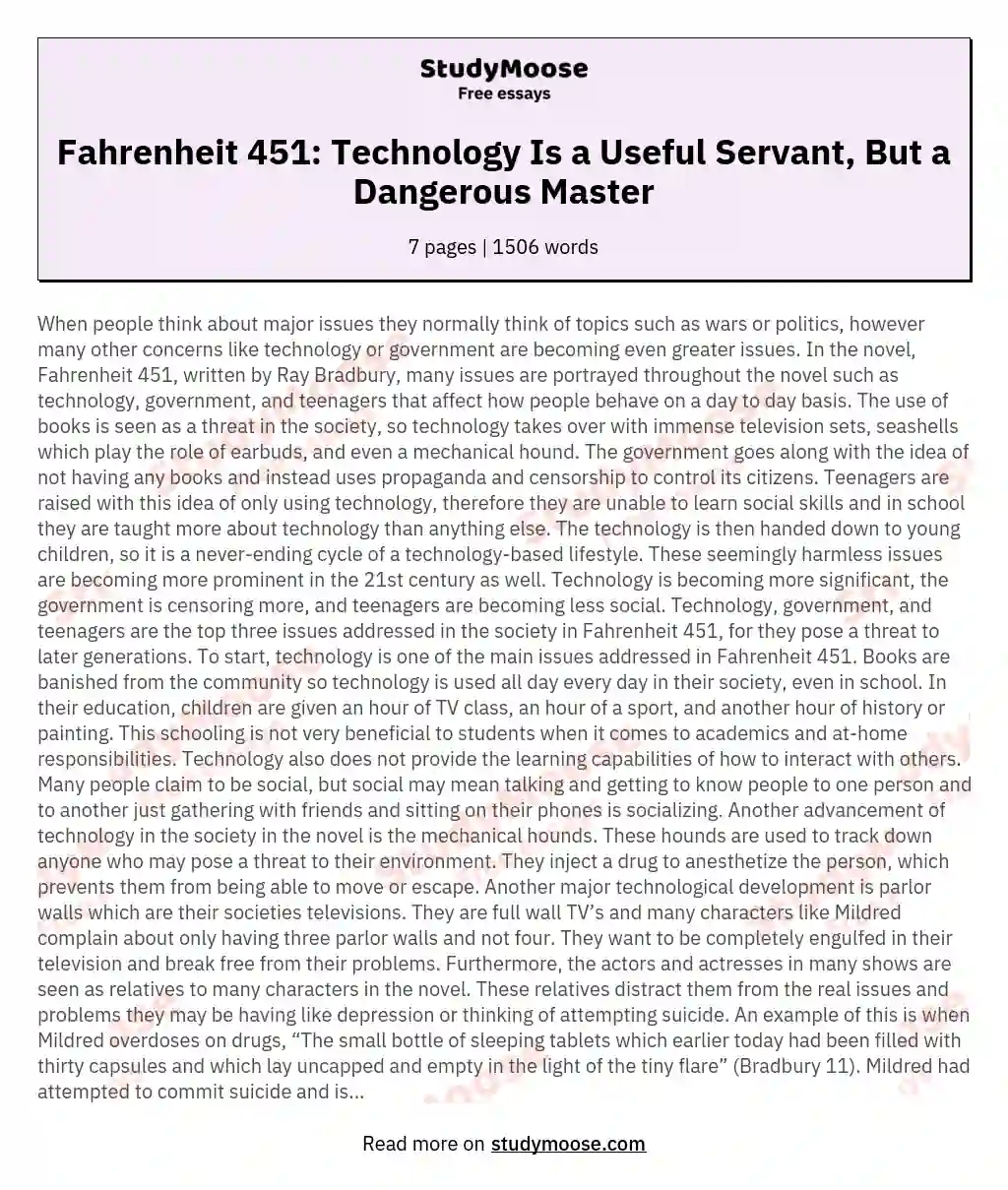 Fahrenheit 451: Technology Is a Useful Servant, But a Dangerous Master