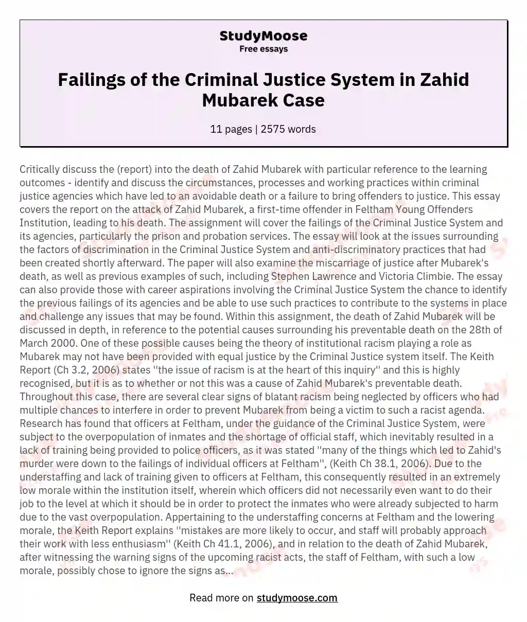 Failings of the Criminal Justice System in Zahid Mubarek Case essay