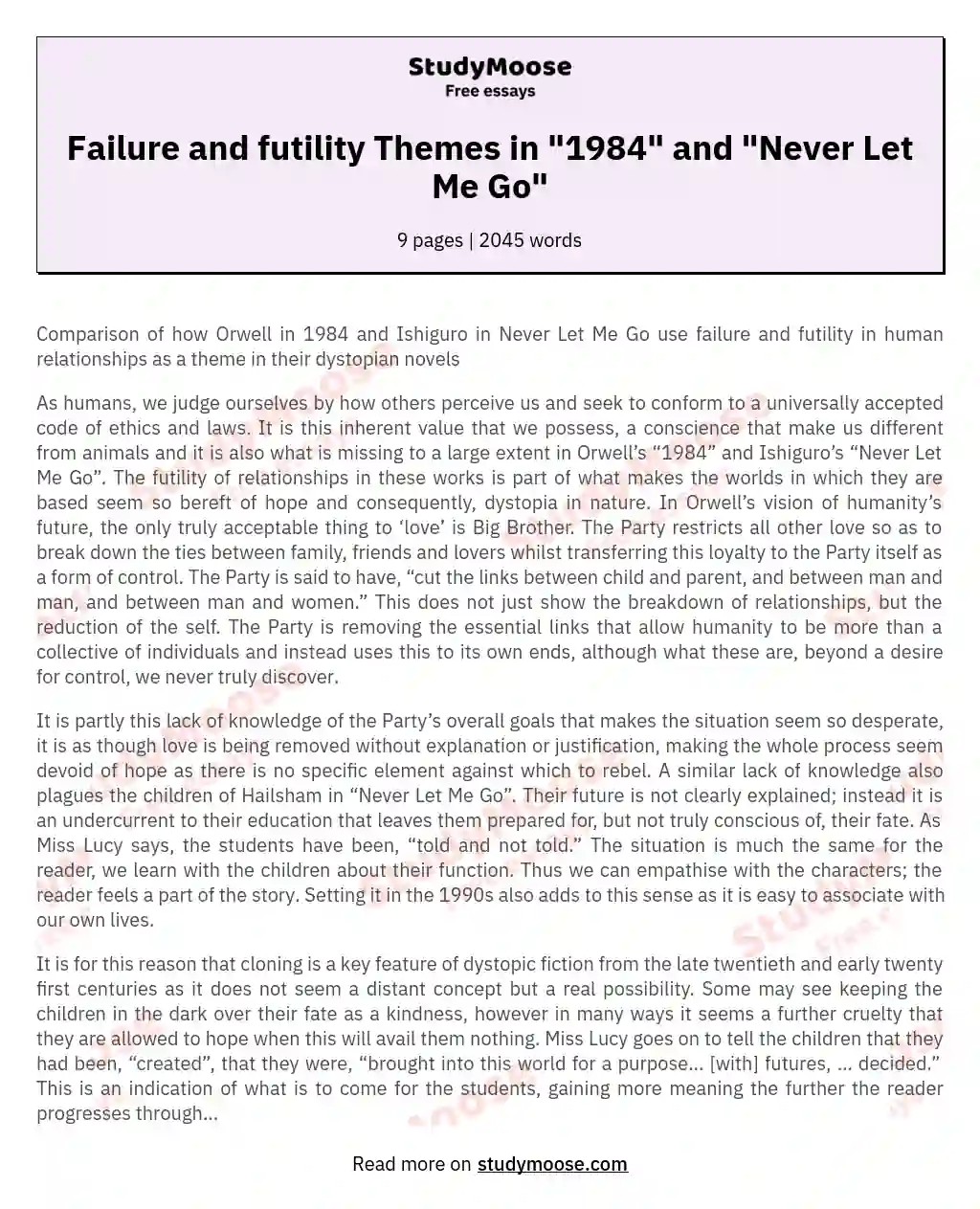 Failure and futility Themes in "1984" and "Never Let Me Go" essay