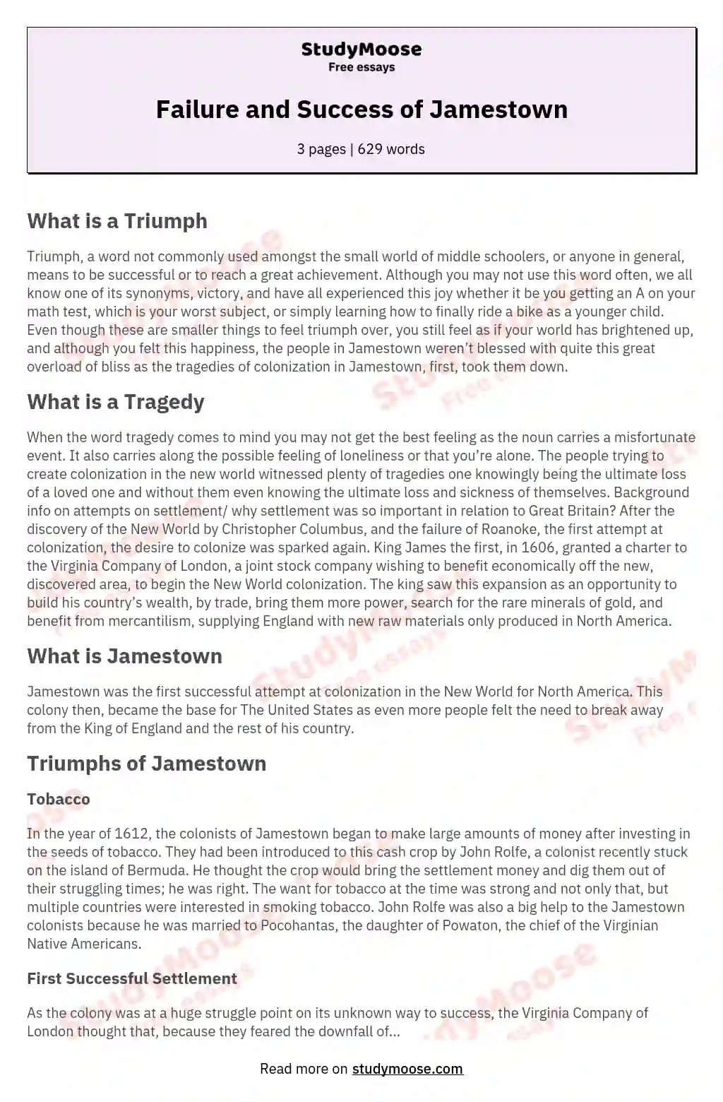 Failure and Success of Jamestown essay