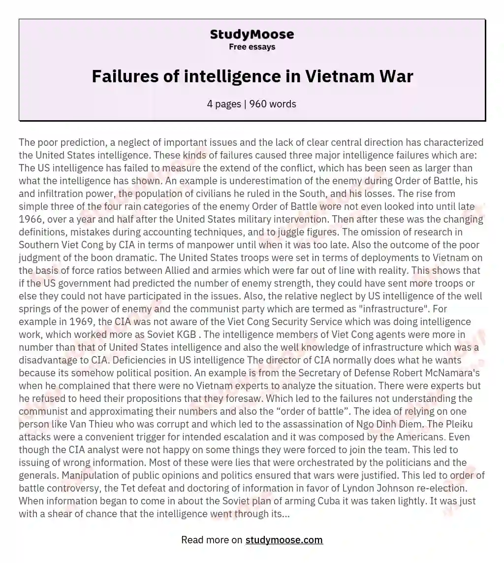 Failures of intelligence in Vietnam War essay