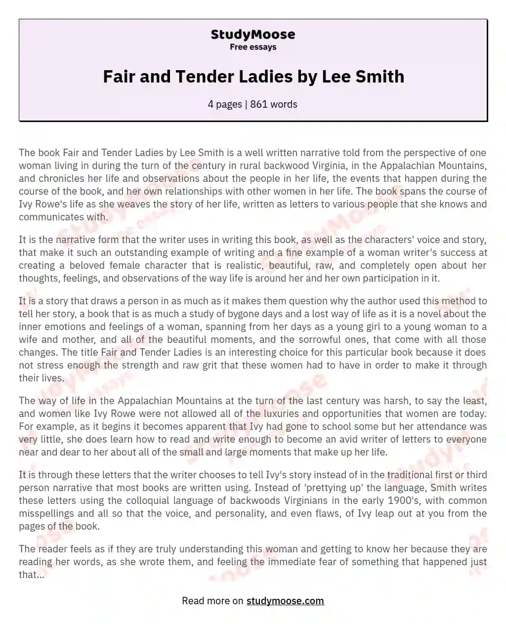 Fair and Tender Ladies by Lee Smith essay