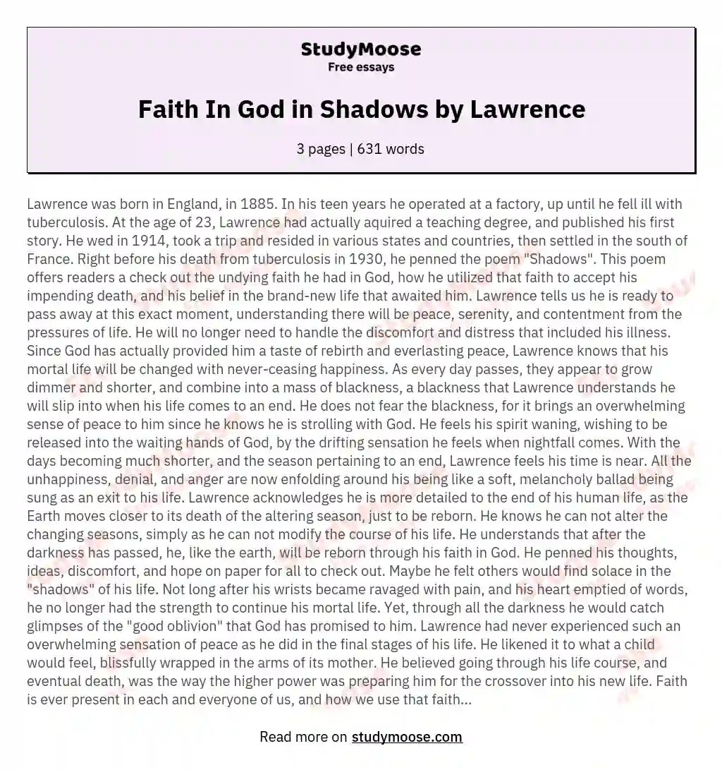 Faith In God in Shadows by Lawrence essay