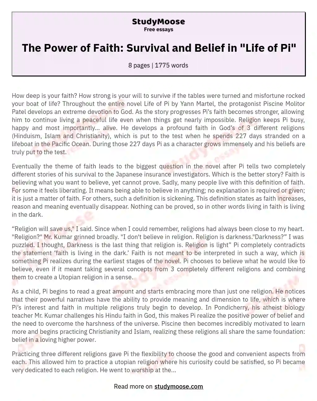 The Power of Faith: Survival and Belief in "Life of Pi" essay