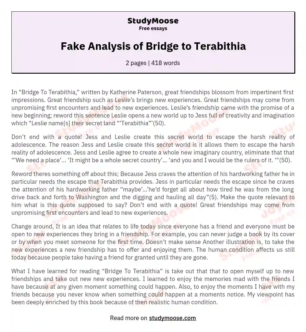 Fake Analysis of Bridge to Terabithia