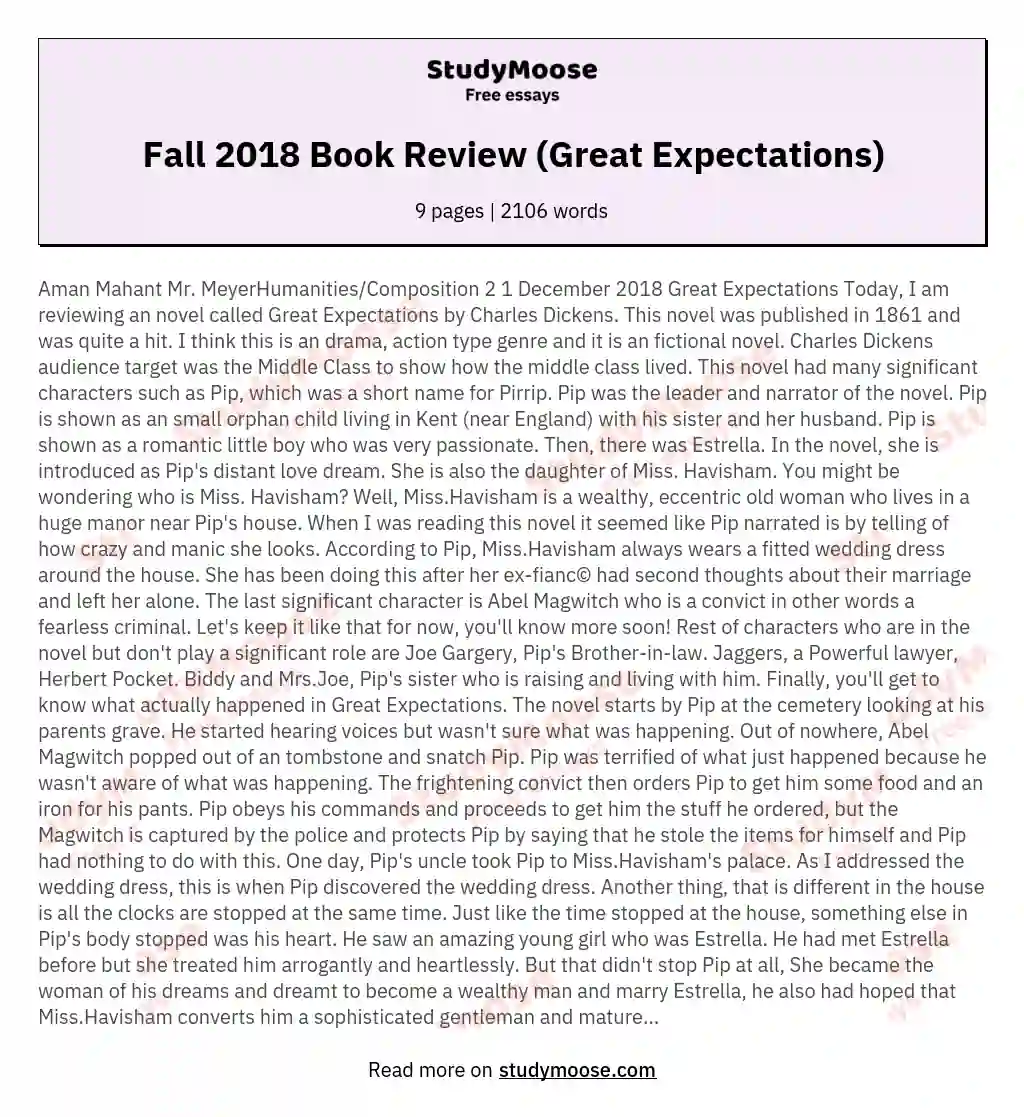 Fall 2018 Book Review (Great Expectations) essay