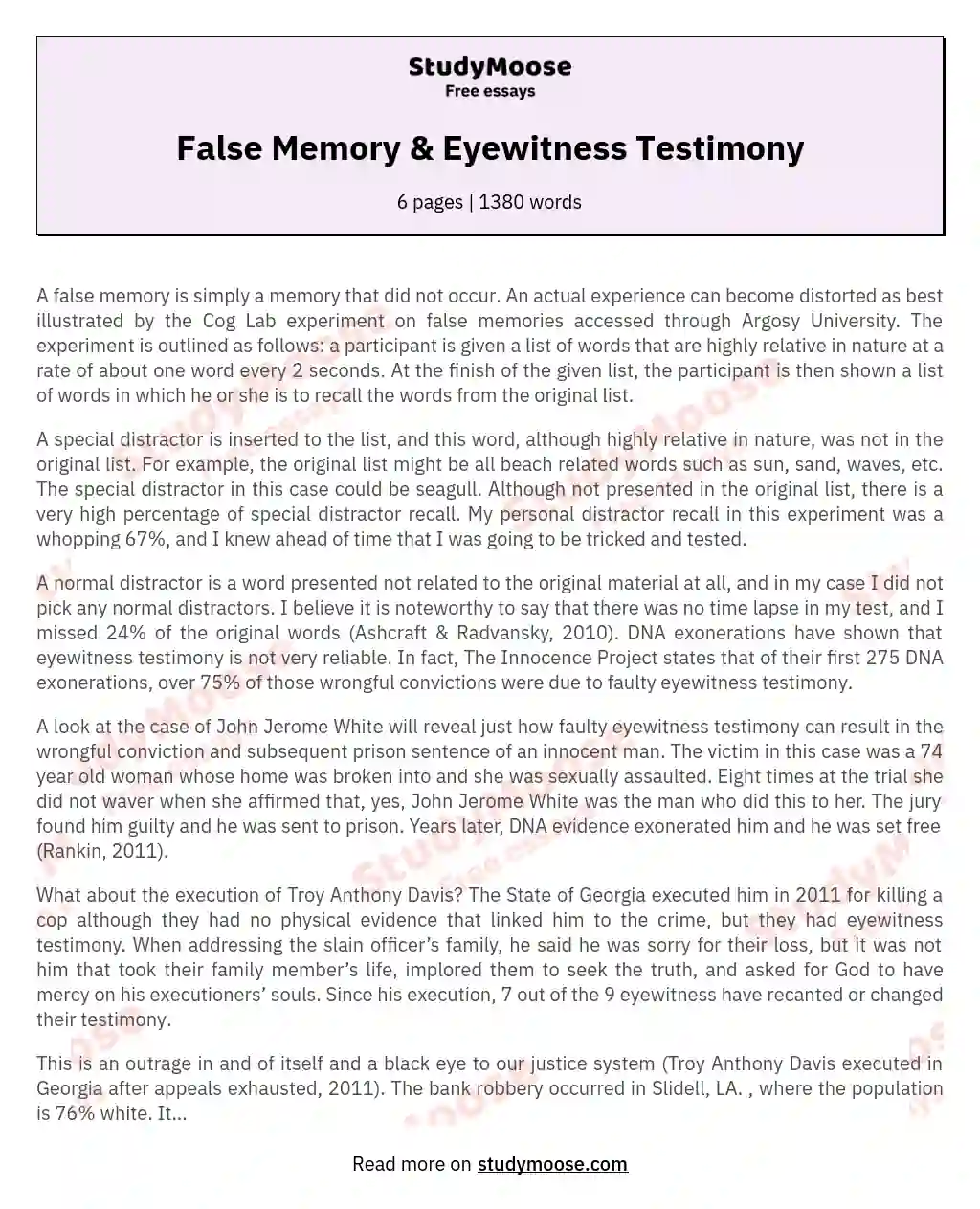 False Memory &amp; Eyewitness Testimony essay