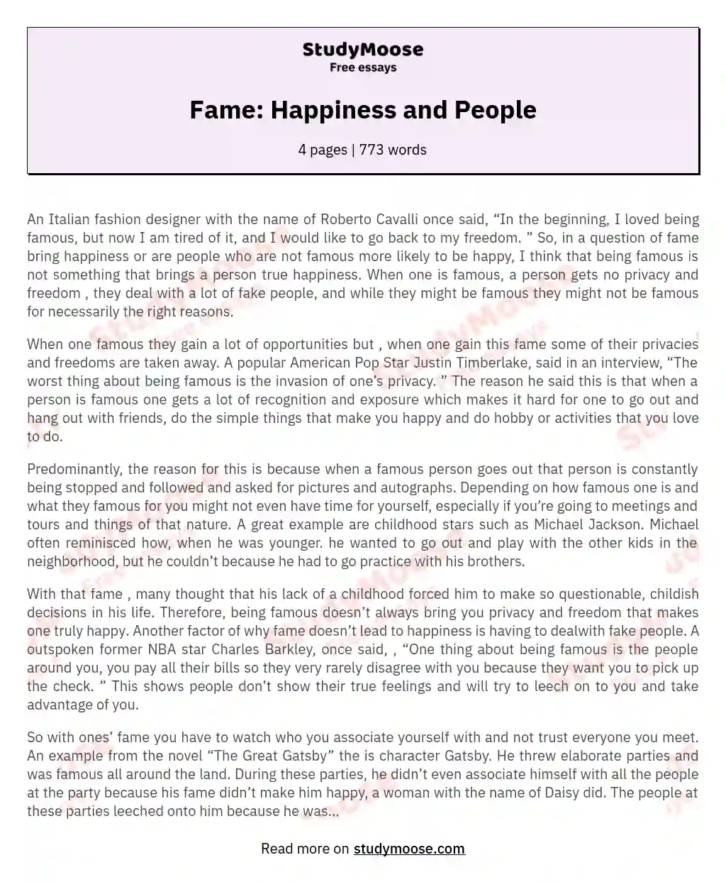 Fame: Happiness and People essay