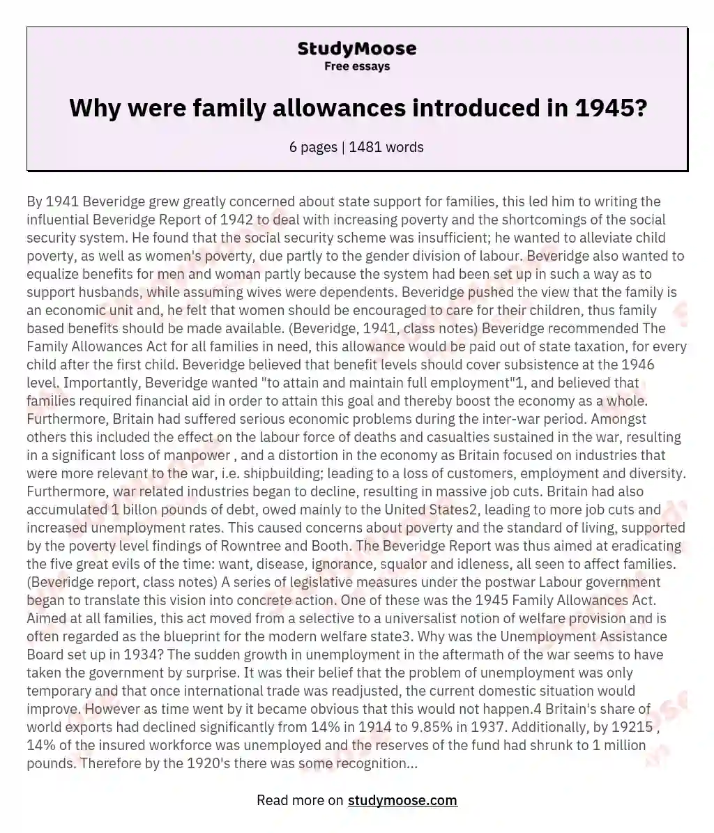 Why were family allowances introduced in 1945? essay