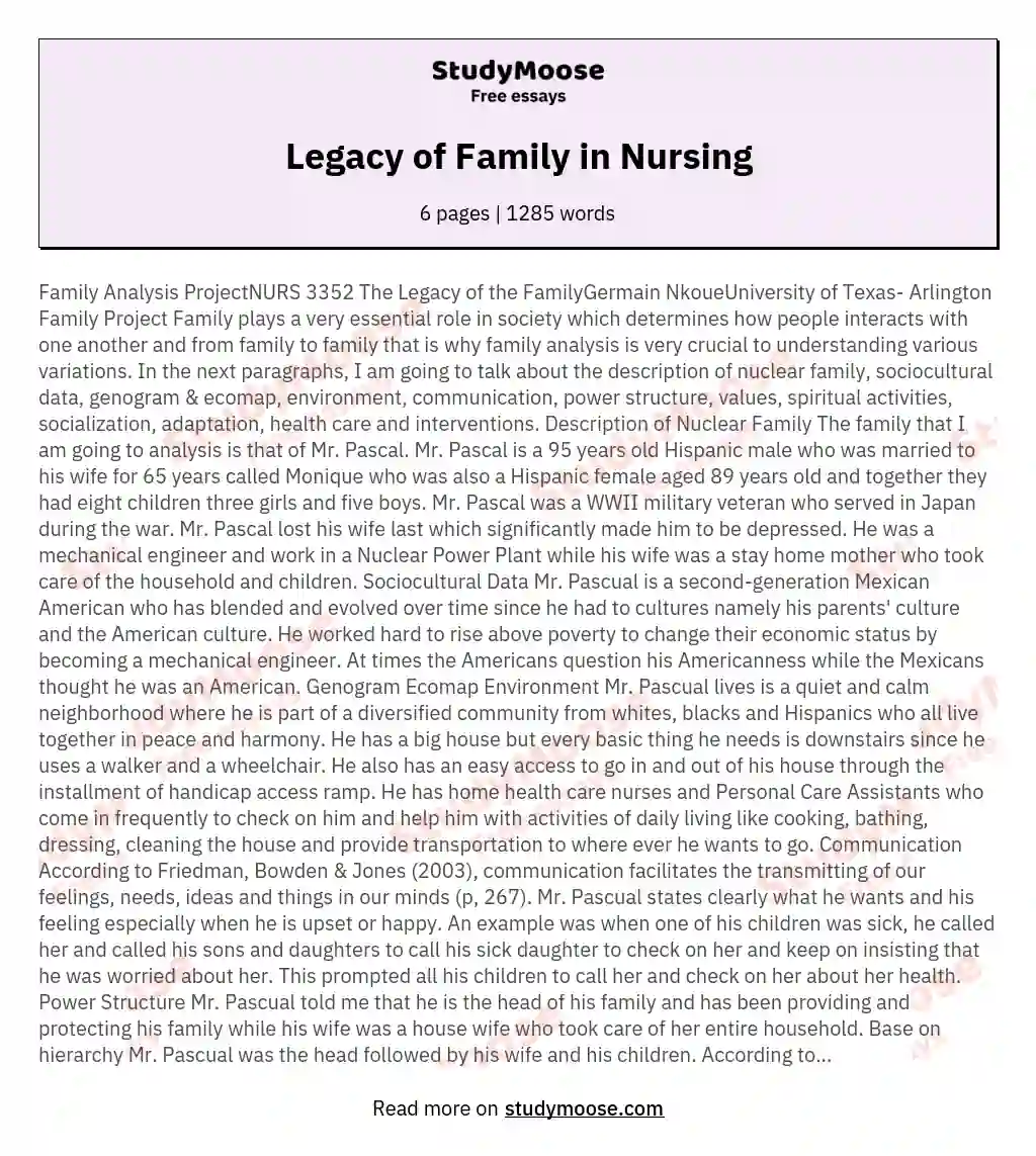 Legacy of Family in Nursing essay