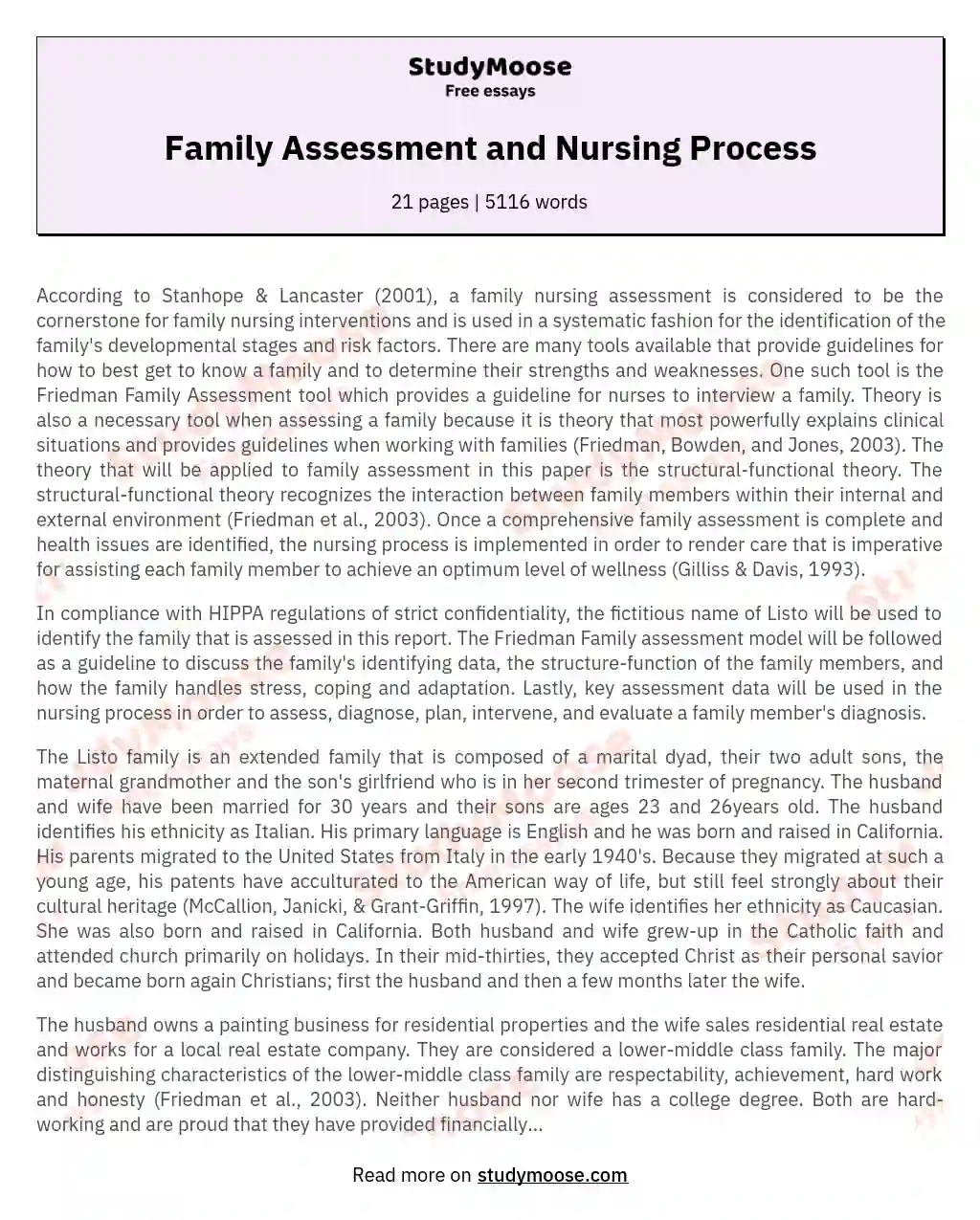 Family Assessment and Nursing Process essay