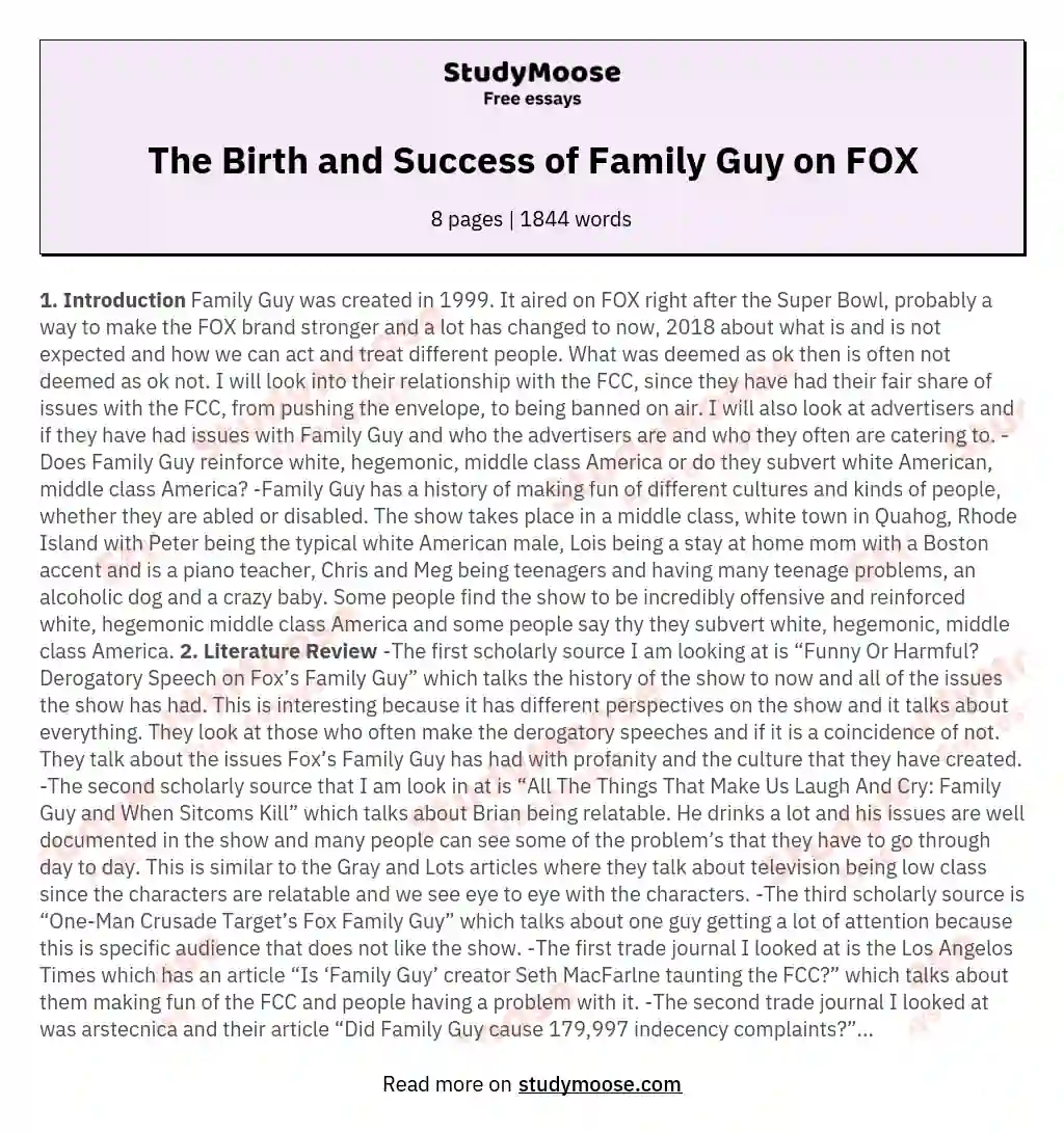 The Birth and Success of Family Guy on FOX essay