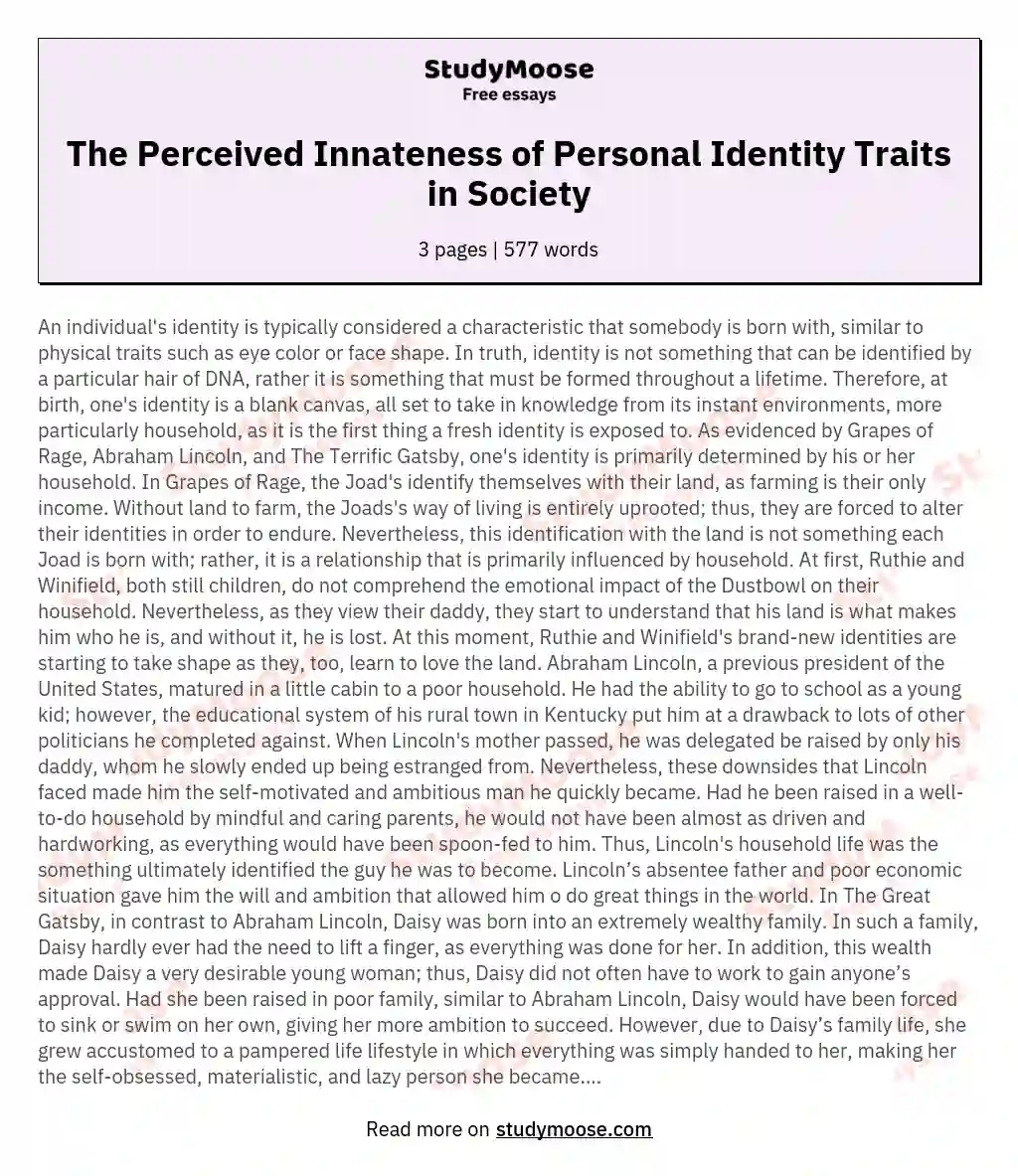 The Perceived Innateness of Personal Identity Traits in Society essay