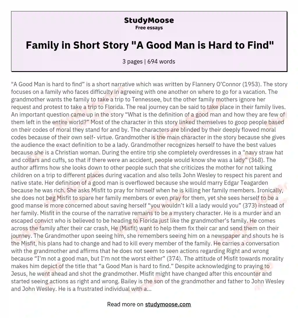 Family in Short Story "A Good Man is Hard to Find" essay