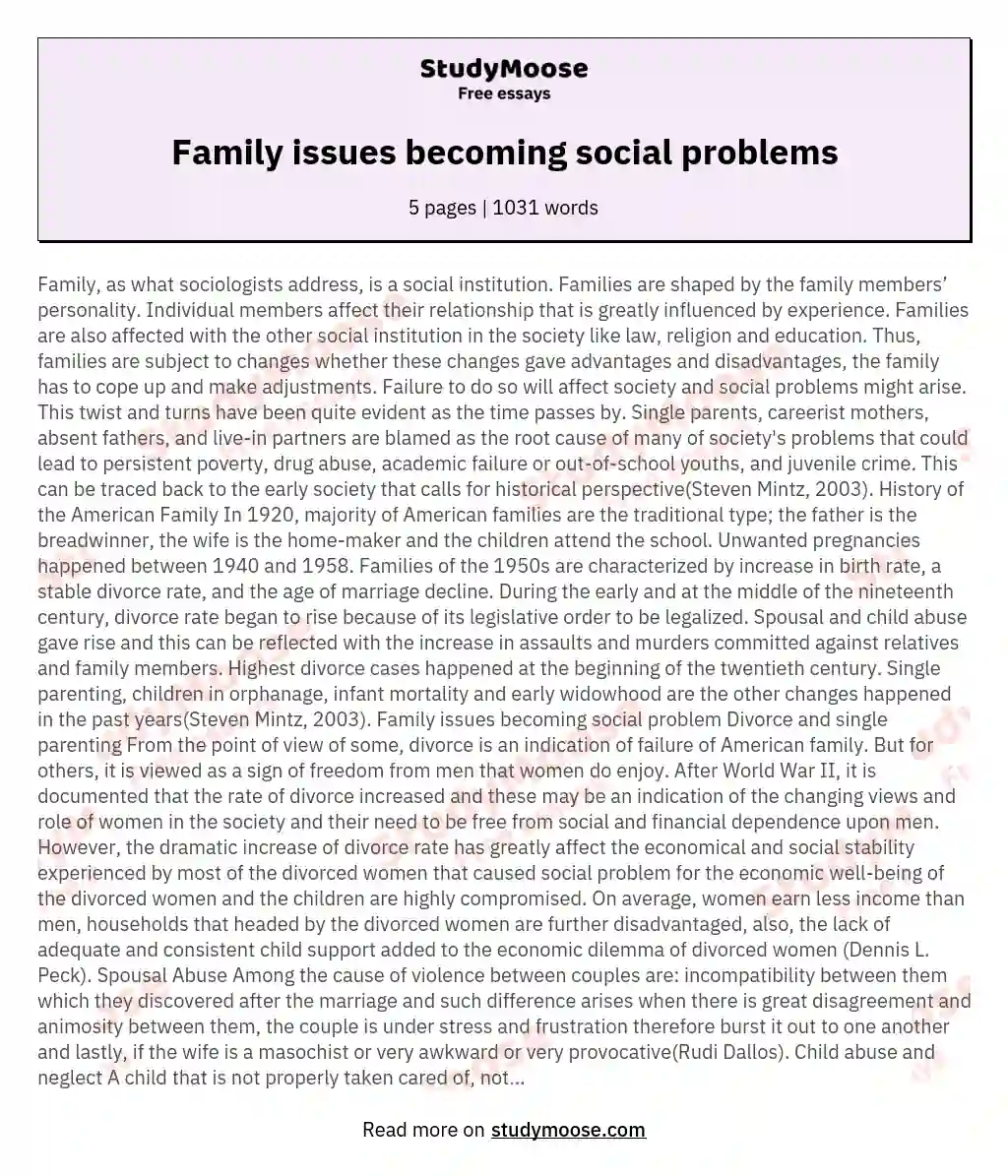 Family Issues Becoming Social Problems Free Essay Example