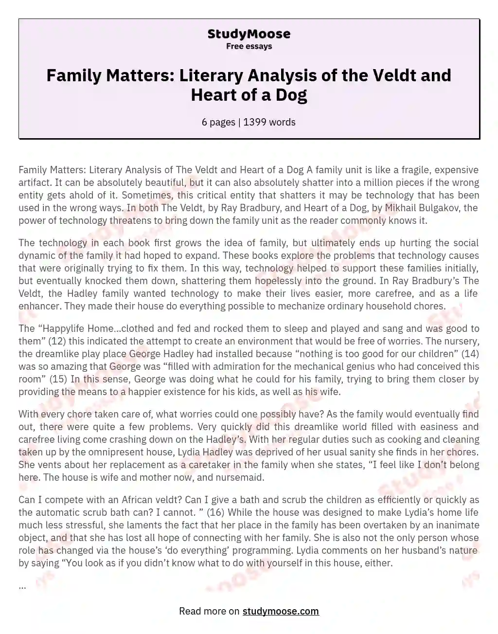 Family Matters: Literary Analysis of the Veldt and Heart of a Dog essay