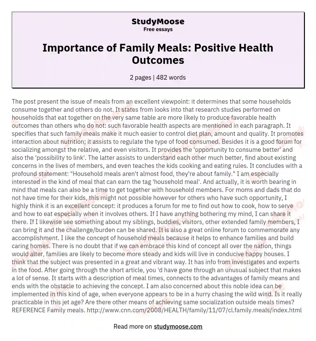 Importance of Family Meals: Positive Health Outcomes essay