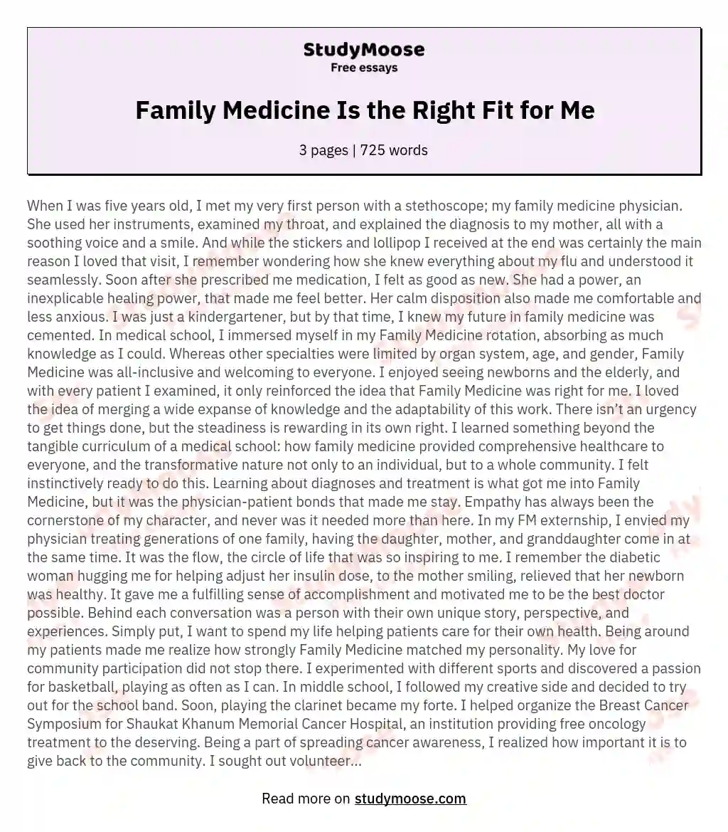 Family Medicine Is the Right Fit for Me essay