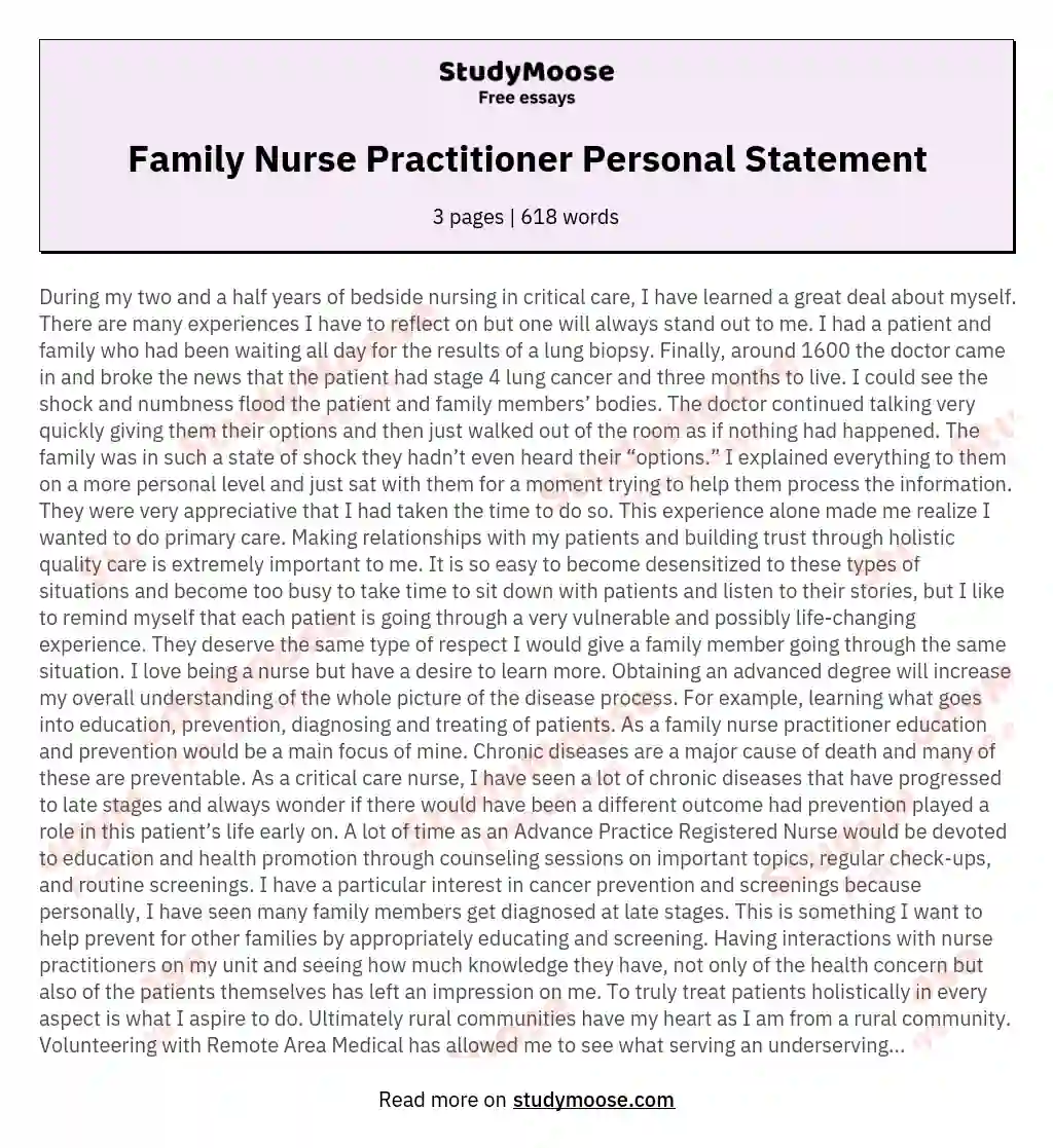 Family Nurse Practitioner Personal Statement