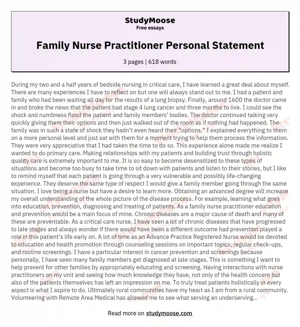 Family Nurse Practitioner Personal Statement Free Essay Sample