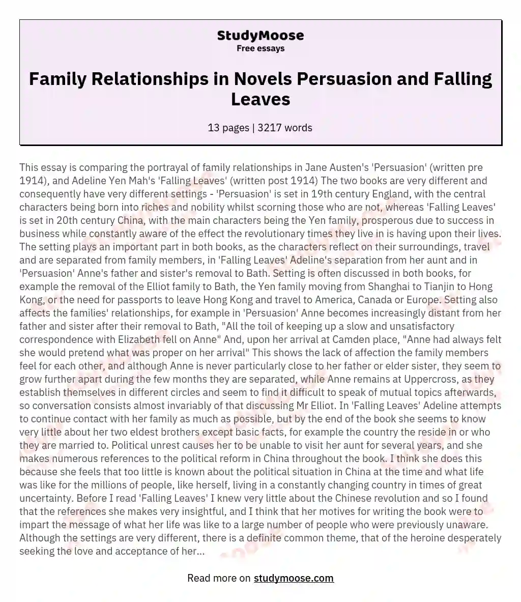 Family Relationships in Novels Persuasion and Falling Leaves essay