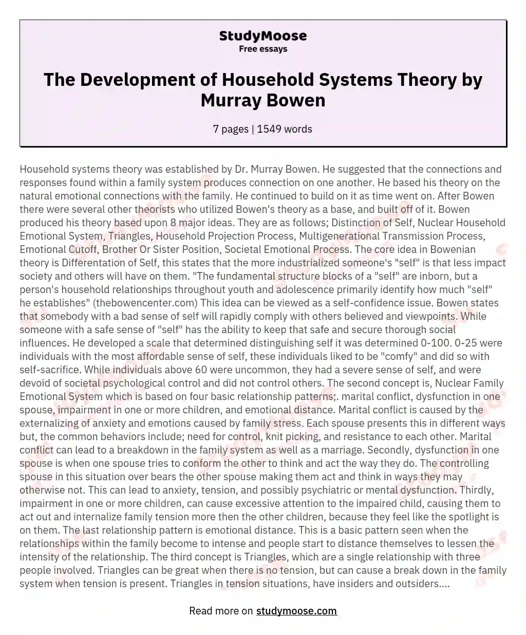 The Development of Household Systems Theory by Murray Bowen essay
