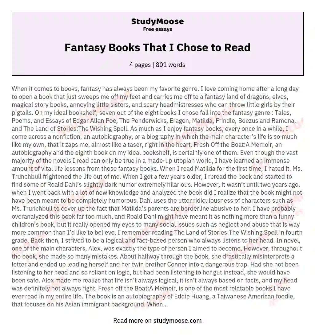 Fantasy Books That I Chose to Read essay