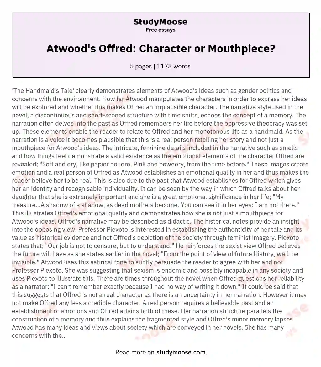 Atwood's Offred: Character or Mouthpiece? essay