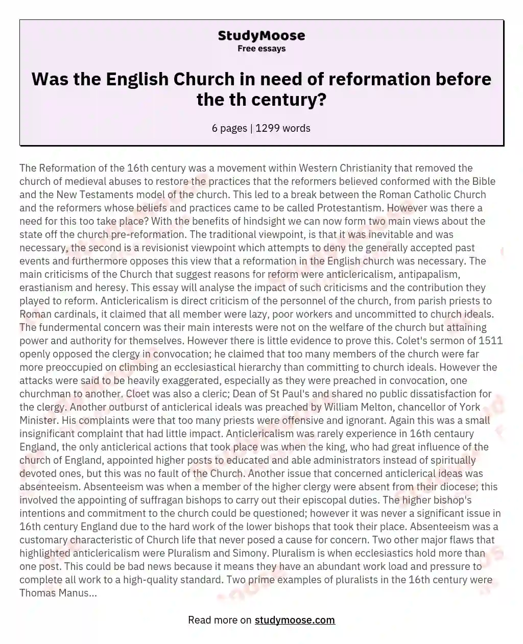 Was the English Church in need of reformation before the th century? essay