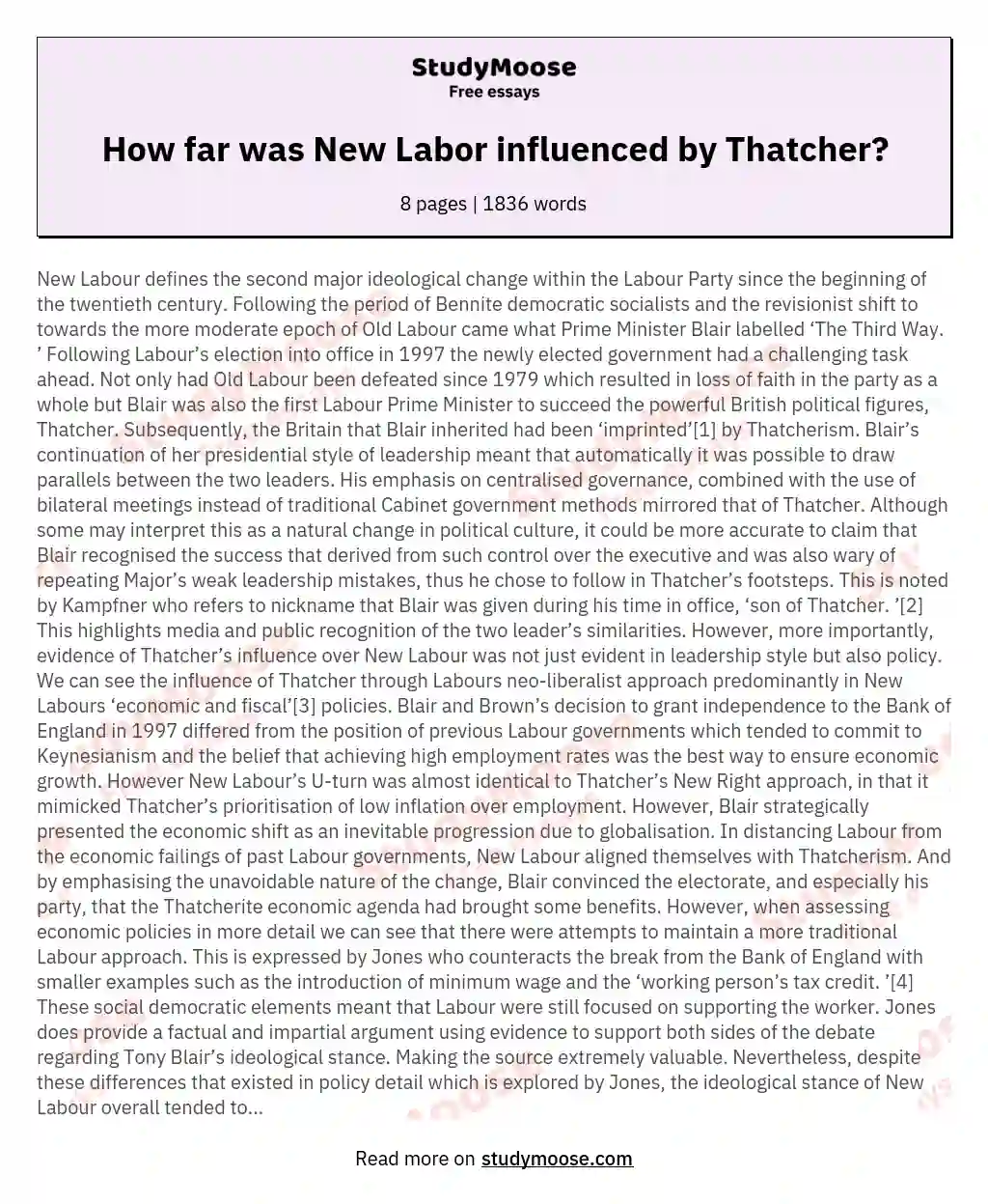 How far was New Labor influenced by Thatcher?