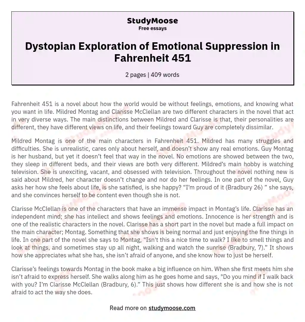 Dystopian Exploration of Emotional Suppression in Fahrenheit 451 essay