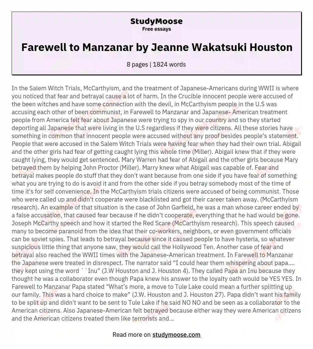 Farewell to Manzanar by Jeanne Wakatsuki Houston essay