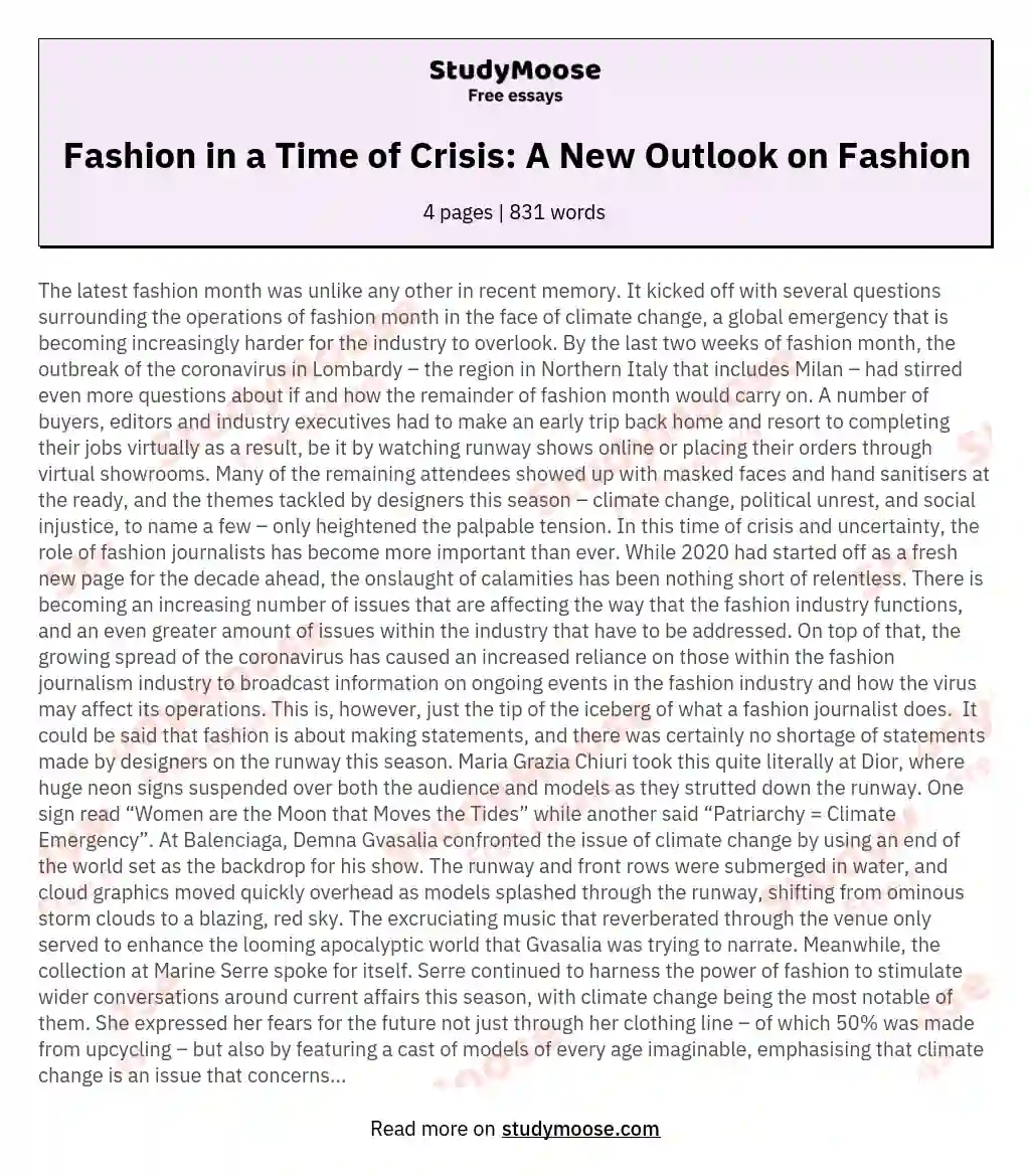 Fashion in a Time of Crisis: A New Outlook on Fashion essay