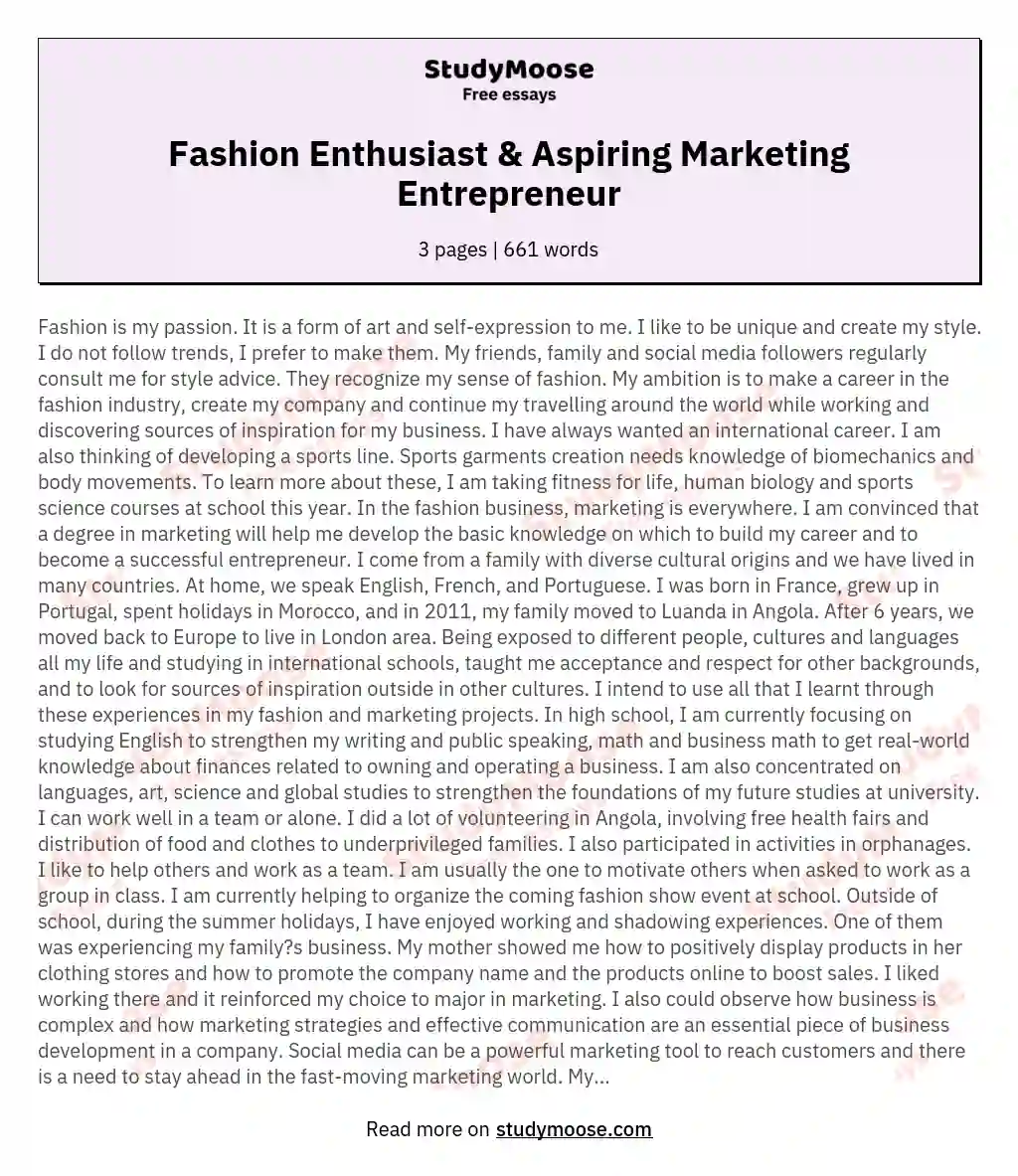 Fashion Enthusiast & Aspiring Marketing Entrepreneur essay