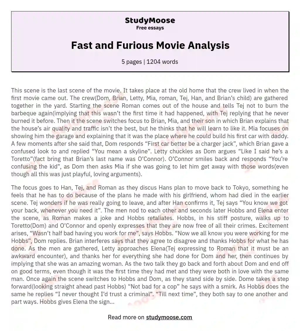 Fast and Furious Movie Analysis essay