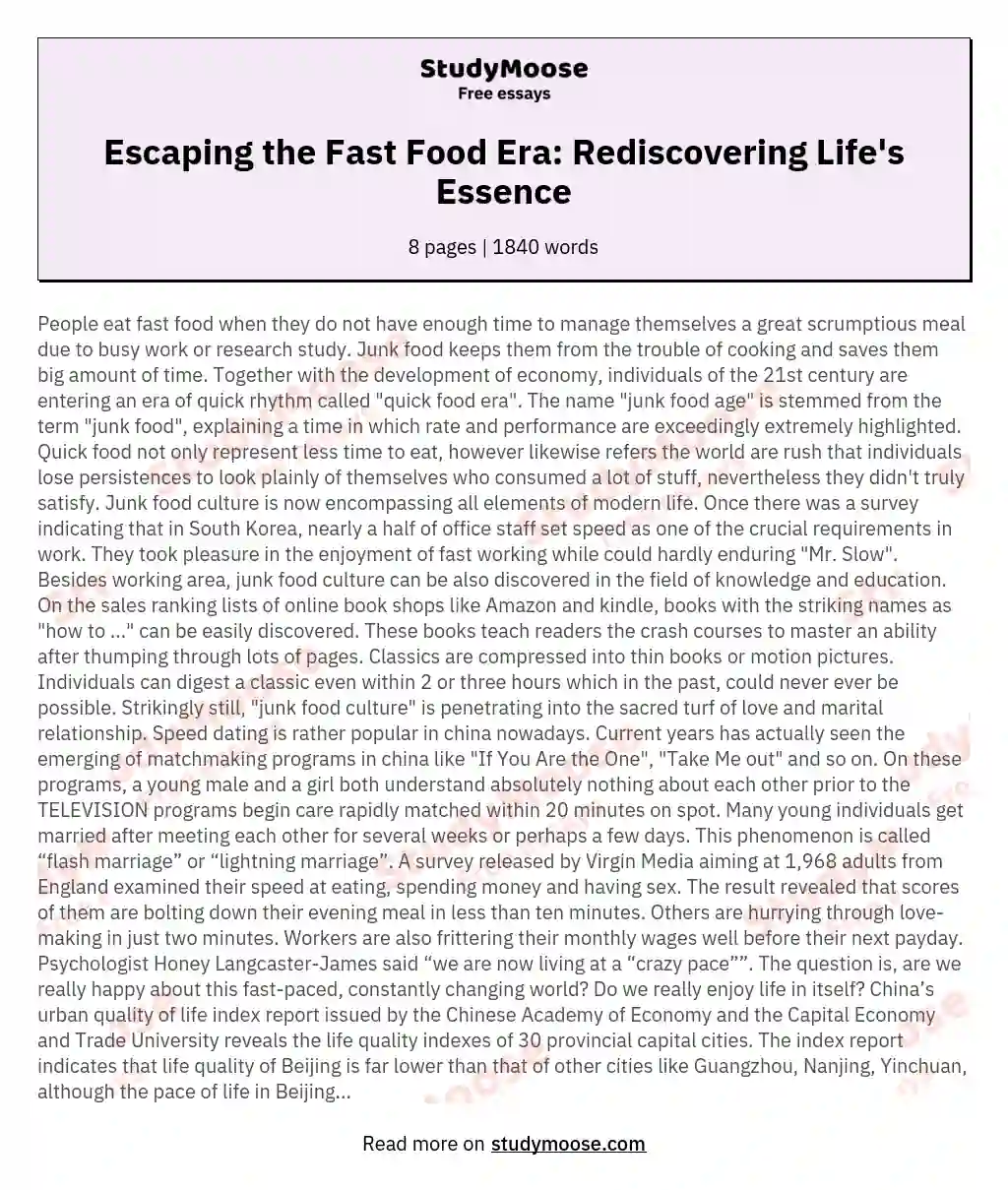 Escaping the Fast Food Era: Rediscovering Life's Essence essay