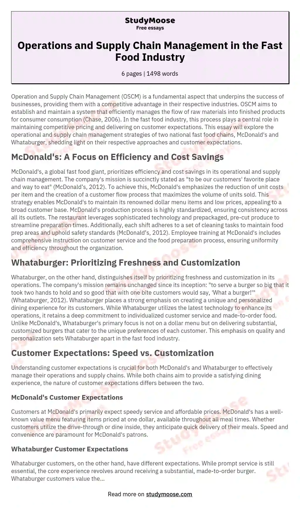 Operations and Supply Chain Management in the Fast Food Industry essay