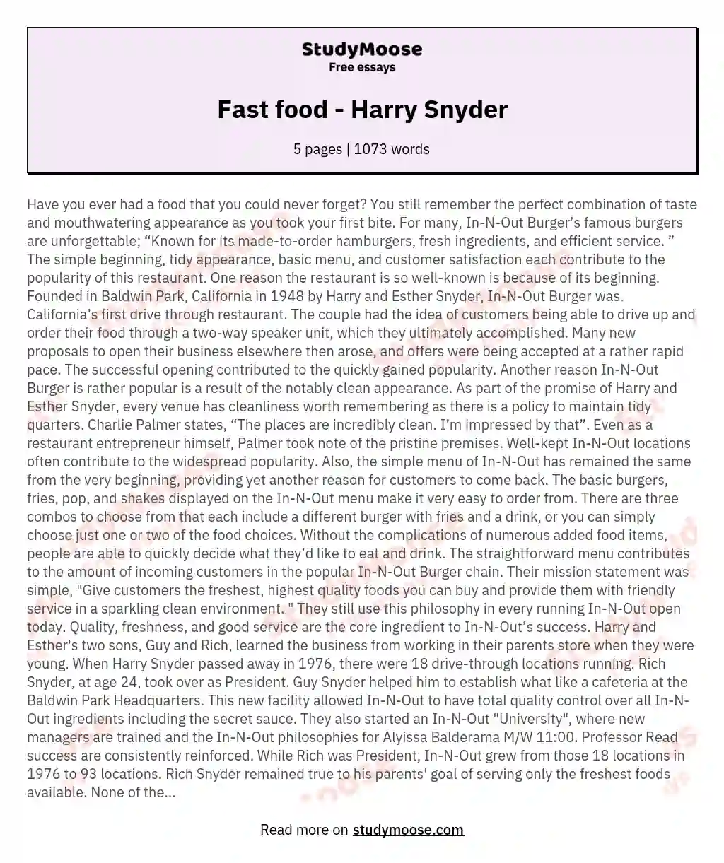 Fast food - Harry Snyder essay
