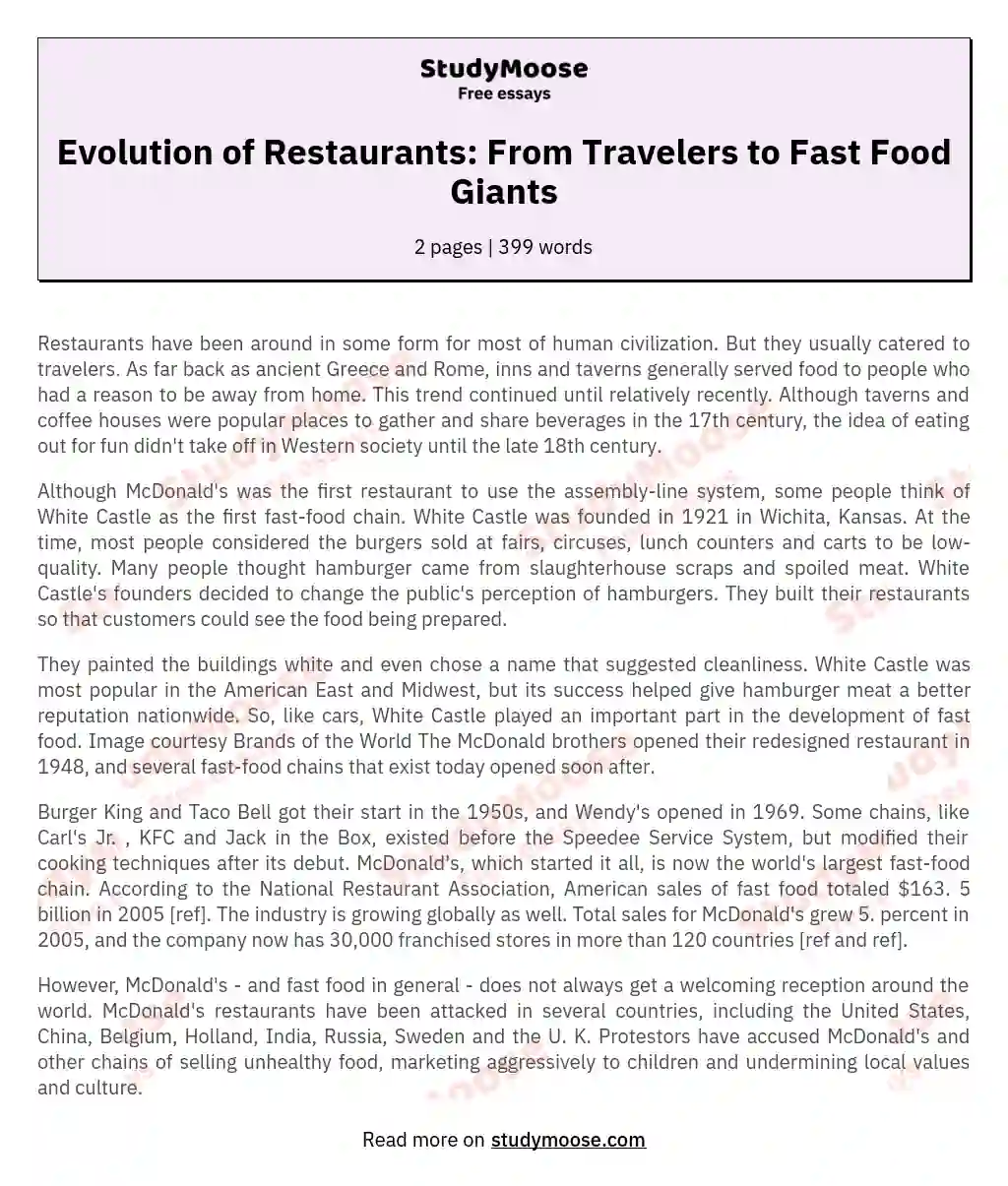 Evolution of Restaurants: From Travelers to Fast Food Giants essay