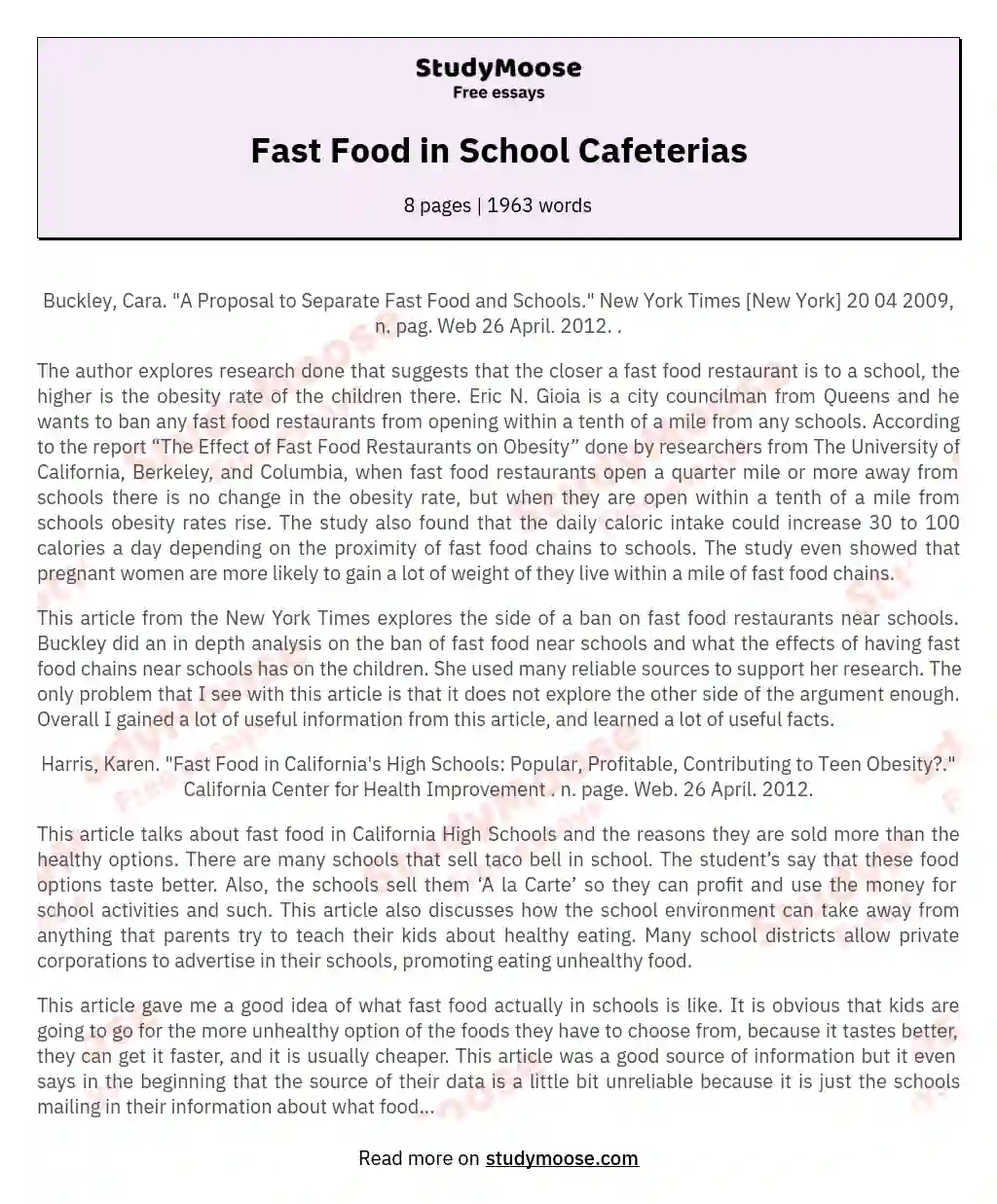 Fast Food in School Cafeterias essay