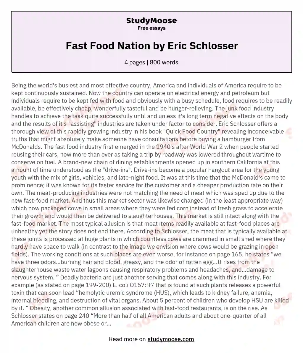 Fast Food Nation by Eric Schlosser essay