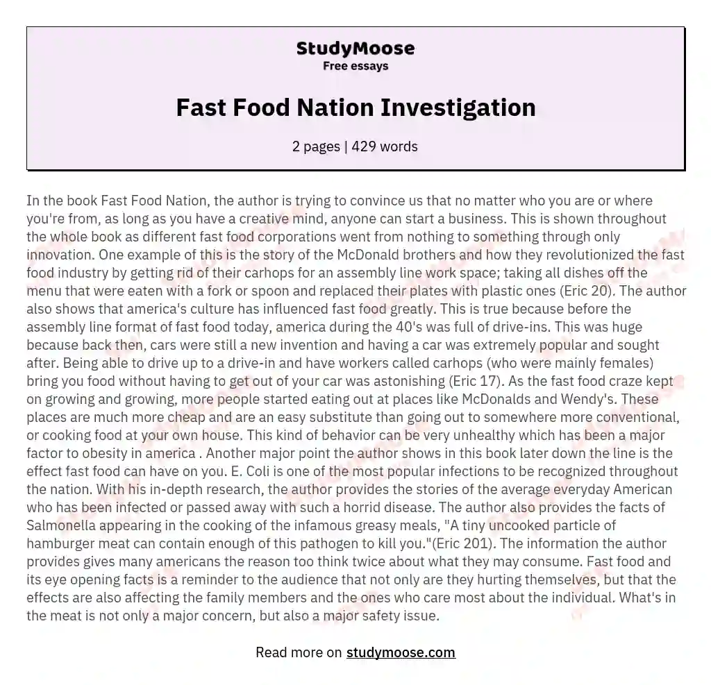 Fast Food Nation Investigation essay