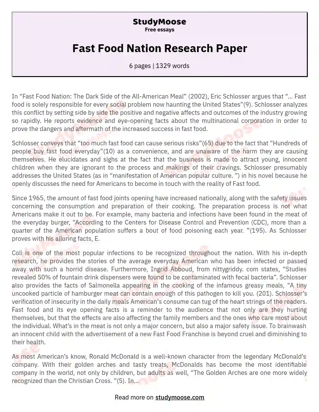 Fast Food Nation Research Paper