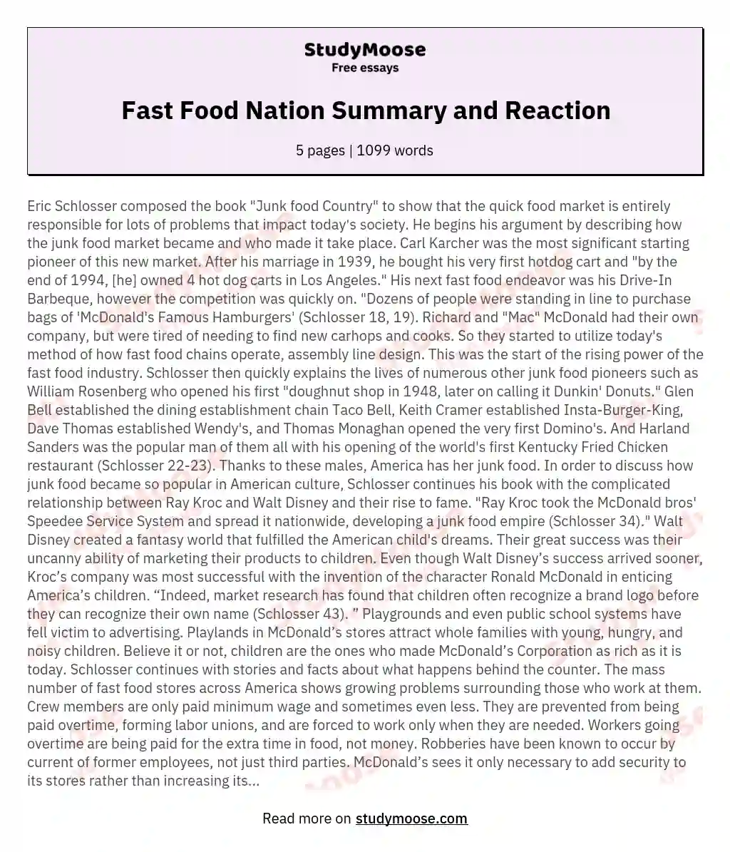 Fast Food Nation Summary and Reaction essay