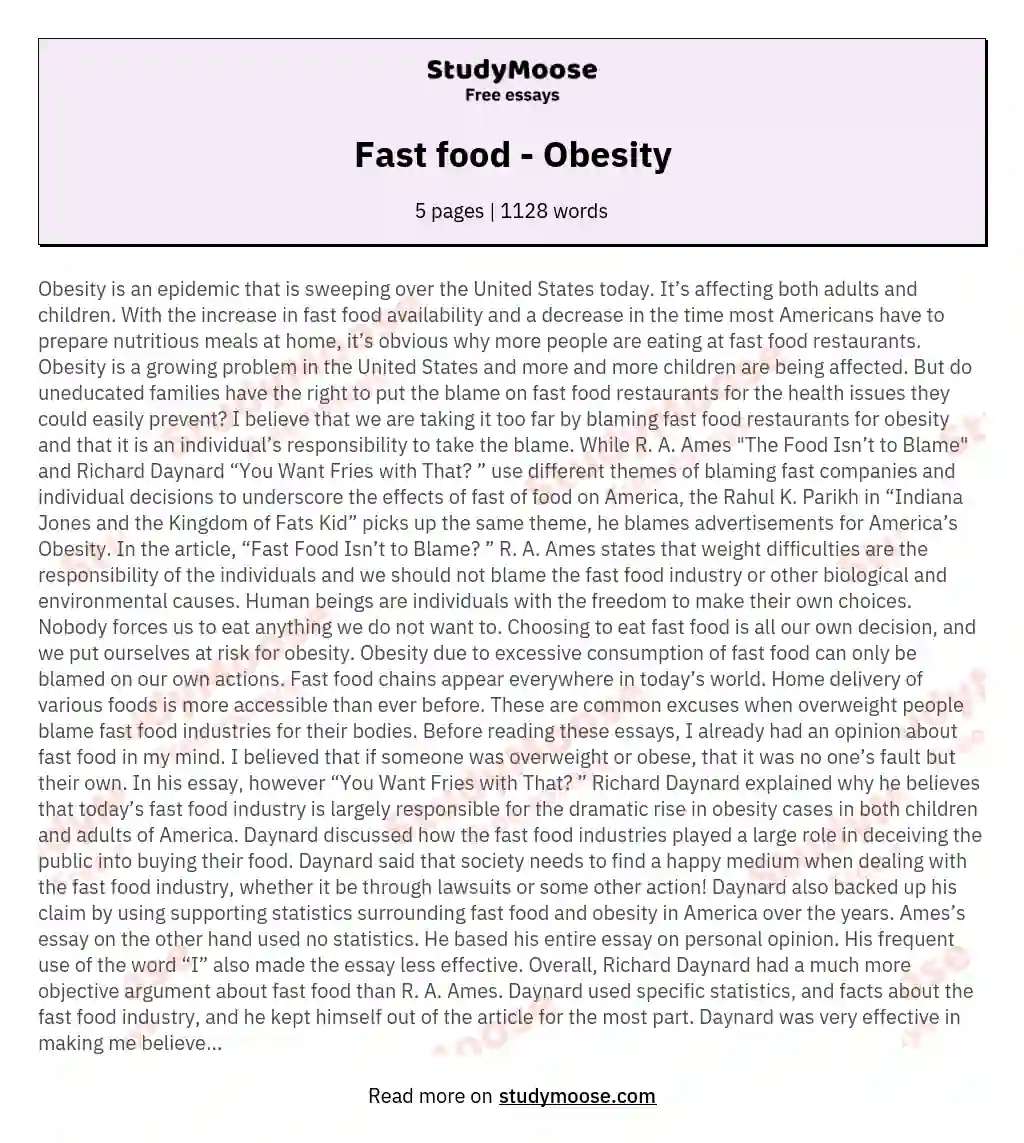 fast food leads to obesity persuasive essay