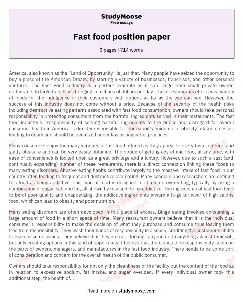 Fast food position paper essay