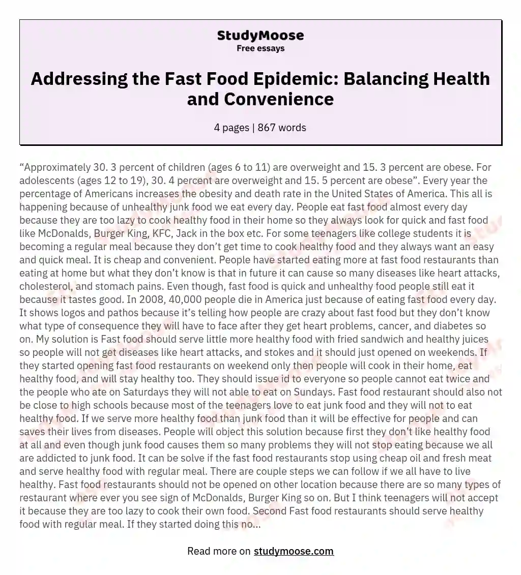 Addressing the Fast Food Epidemic: Balancing Health and Convenience essay